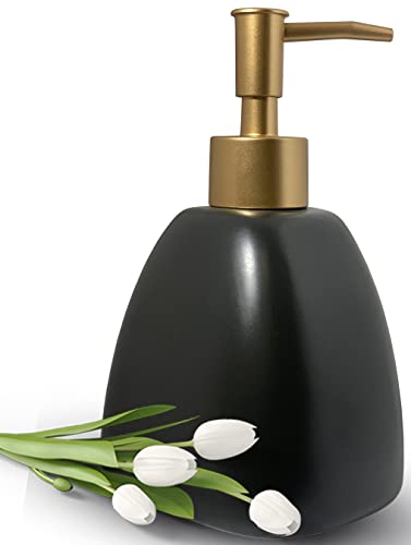 Liquid Soap Dispenser for Bathroom with Gold Pump，Dish Soap Dispenser for Kitchen，Refillable Countertop Lotion Ceramics Black Hand Soap Dispenser for Shower 430ml (Pyramid Matt Black Bottle) - color: Pyramid Black Bottle