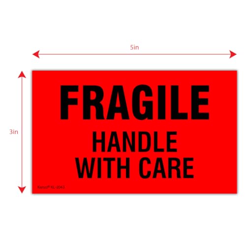 Kenco 3" X 5" Fragile Handle with Care Fluorescent Shipping Label Stickers for Shipping and Packing -500 Labels Per Roll (5 Pack) - size: 5 PACK