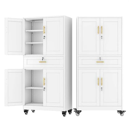 pozdeg 74" White Lockable Rolling Metal Garage Storage Cabinet - color: White