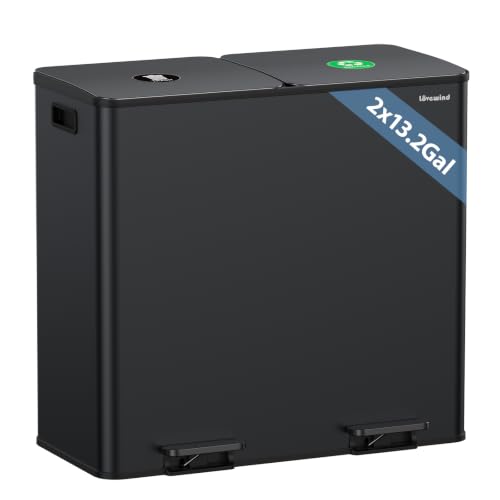Dual Trash and Recycling Bins for Kitchen, 2*13.2 Gal Dual Trash Can, Black - color: Black, size: 2 * 13.2 Gallon