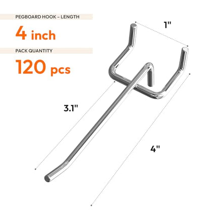 JEAWIWI 120 Pack Metal Pegboard Hooks, 4 Inch, Fit 1/4 & 1/8 in Peg Board - color: Silver, size: 4in 120pcs