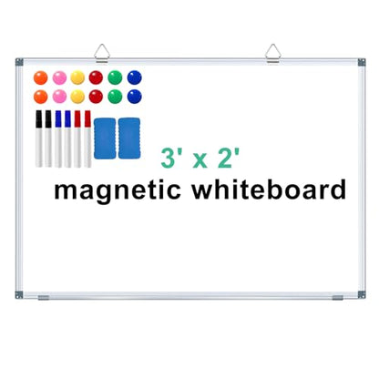 H-Qprobd 3' x 2' Magnetic Whiteboard Large Dry Erase White Board 36"x24" Aluminum Presentation Whiteboard with Long Pen Tray, 6 Markers, 2 Erasers &12 Magnets - size: 36"W x 24"H