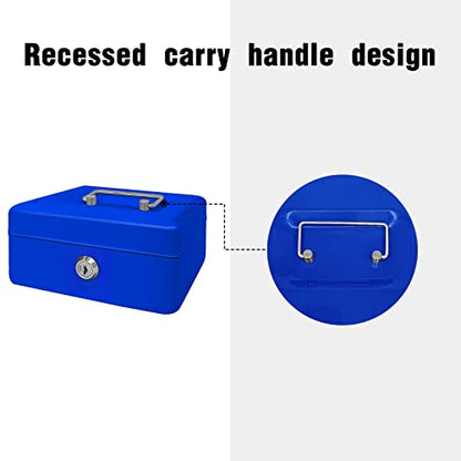 Steel Cash Box with Key Lock, Metal Small Money Organizer with Money Tray,Cash Storage Box with Lockable Cover (Blue - 10 inch) - color: Blue - 9.8" x 7.8" x 3.3"