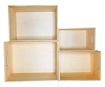 Unfinished Wooden Crates 4 Pack - Nesting Pine Wood Boxes with Handles - color: Unfinished