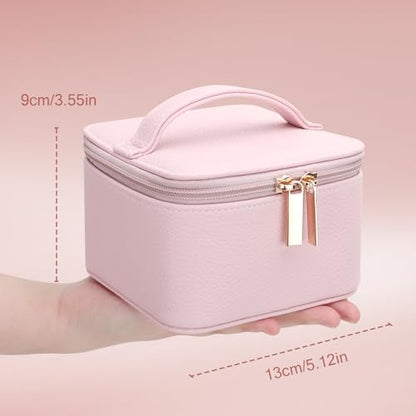 DesignSter Small Jewelry Box, Travel Small Jewelry Organizer with Earring Tray and Ring Holder,Square Travel Jewelry Storage Case with 6 Velvet Jewelry Pouches, Pink - color: Pink