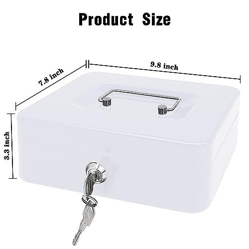 Steel Cash Box with Key Lock, Metal Small Money Organizer with Money Tray,Cash Storage Box with Lockable Cover (White - 9.8" x 7.8" x 3.3") - color: White - 9.8" x 7.8" x 3.3"