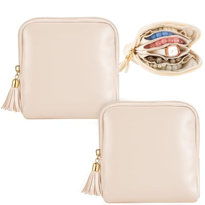 2 Pcs Small Travel Jewelry Case Bridesmaid Gift for Bachelorette Wedding Day, Mini Jewelry Pouch Organizer Bag with Zipper, Portable Waterproof Velvet Jewelries Bag for Rings, Necklaces (Beige)