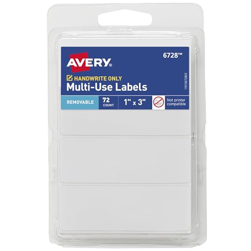 Avery® Multi-Use Removable Labels, 1" x 3", White, Non-Printable, 72 Blank Labels Total (6728) - size: 1 x 3 Inch