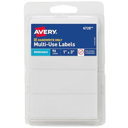 Avery® Multi-Use Removable Labels, 1" x 3", White, Non-Printable, 72 Blank Labels Total (6728) - size: 1 x 3 Inch
