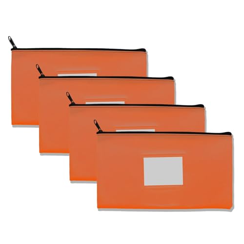 4PCS Deposit Money Bag with Zipper,WINCUR 11x6.1" PU Leather Money Pouch Security Bank Deposit Bag with Clear Window,Waterproof Money Pouch for Organize Cash,Coins,Cosmetics,Invoice(Orange/Card Slot)