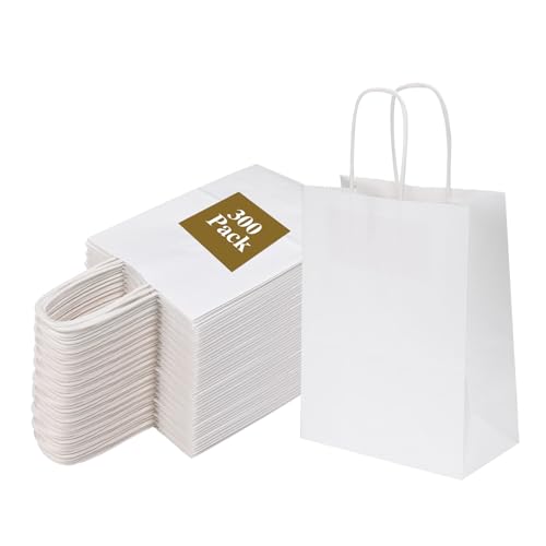 Joybe 300 Pack 5.95x3.25x8 Inch Small White Paper Bags with Handles Bulk, Kraft Paper Gift Bags for Birthday Party Favors Grocery Retail Shopping Business Goody Merchandise Craft Blank Sacks (300pcs)