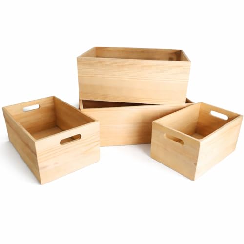 Unfinished Wooden Crates 4 Pack - Nesting Pine Wood Boxes with Handles - color: Unfinished