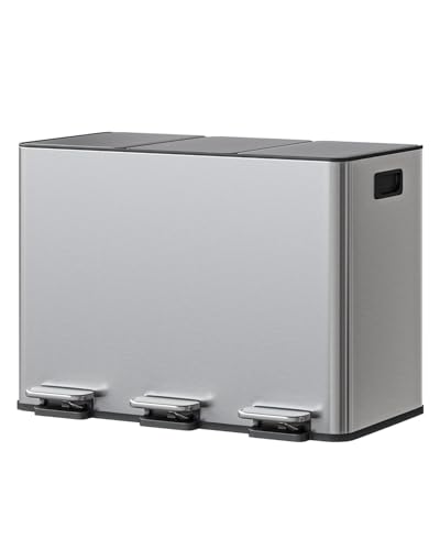Garvee Triple Kitchen Trash Can, 3 x 4 Gal Stainless Steel Recycling Bin Combo, 3 Compartment Garbage Can with Soft-Close Step Lid, 15L Bins, Silver - color: Silver, size: 3 x 4 Gallon