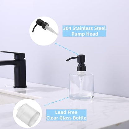 Clear Glass Soap Dispenser with Rust Proof Stainless Steel Pump, Matte Black Refillable Liquid Hand Soap Dispenser for Bathroom, Kitchen (11Oz, Round) - color: Matte Black, size: 11 oz Round