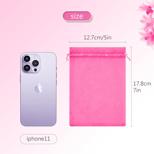 FUNFERY 100Pcs Hot Pink Organza Bags 5x7 in,Small Mesh Drawstring Gift Bag - color: Classic Hot Pink