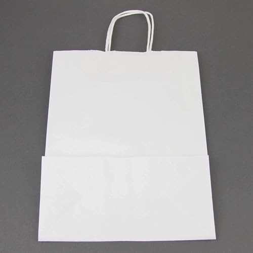 FMP Brands 50 Pack White Paper Bags with Handles 13 x 10 x 5Inch 12 LB Twisted Rope Retail Shopping Gift Durable Bleached Barrel Sack