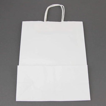 FMP Brands 50 Pack White Paper Bags with Handles 13 x 10 x 5Inch 12 LB Twisted Rope Retail Shopping Gift Durable Bleached Barrel Sack