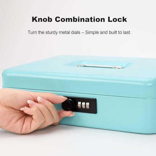 Cash Box with Combination Lock & Auto-Pop Coin Tray – Secure Steel Money Box with 4 Upgraded Finger-Safe Bill Clips, Premium Smooth Scratch-Resistant Coating, 11.8", Combo Teal - color: Combo Teal