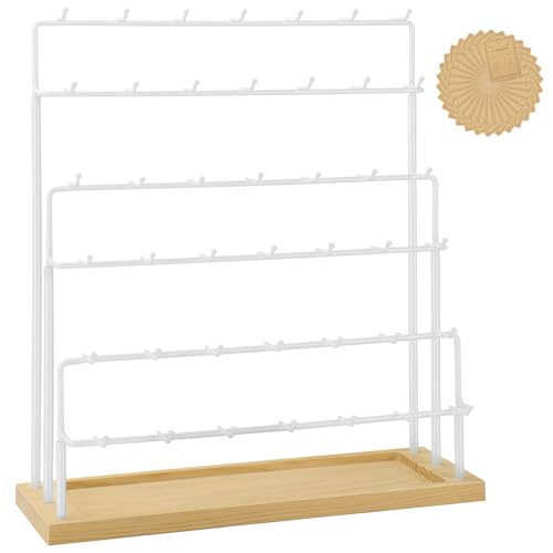 Earring Display for Vendors 6 Tier 42 Hooks Wood Earring Display Rack Holder for Earings Necklaces Rings Bracelets Keychains (White) - color: White