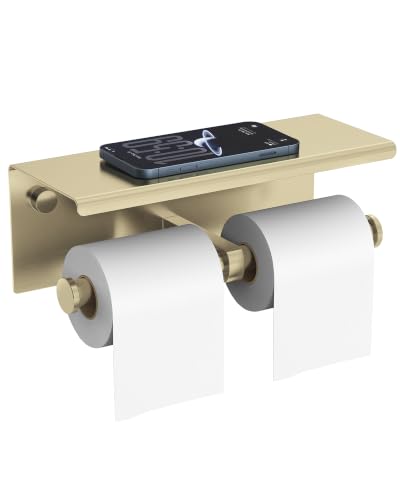 Double Toilet Paper Holder with Shelf Brushed Gold Large Tissue Roll Holder - color: Brushed Gold