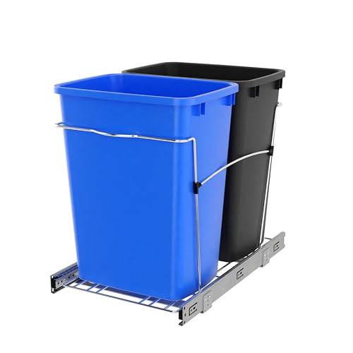 Rev-A-Shelf Double Pullout Garbage Trash Cans for Kitchen Cabinets, 35 Qt - color: Blue & Black