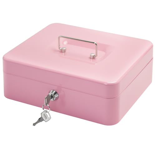 Steel Cash Box with Key Lock, Metal Small Money Organizer with Money Tray,Cash Storage Box with Lockable Cover (Pink - 9.8" x 7.8" x 3.3") - color: Pink - 9.8" x 7.8" x 3.3"