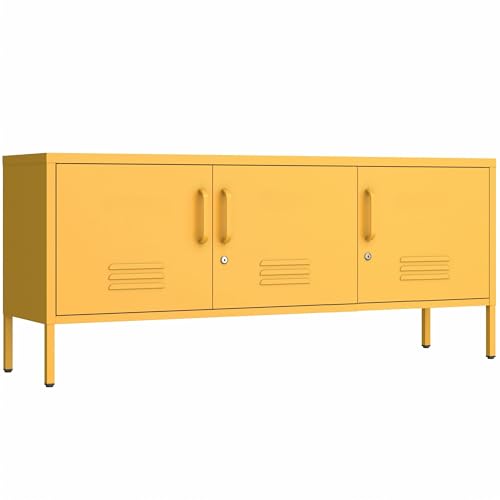 Yellow 3-Door Lockable Metal TV Stand Storage Cabinet with Storage Locker, Wide Heavy-Duty Multipurpose Media Console for Large 100+ Inch TVs, Home Office Entertainment Center - color: Mustard, style: TV stand-22"H-LM