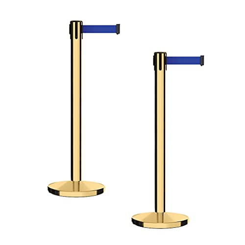 CCW 2-Pack Retractable Belt Barrier Stanchions, Polished Brass Posts - color: Dark Blue, size: 7.5 Foot