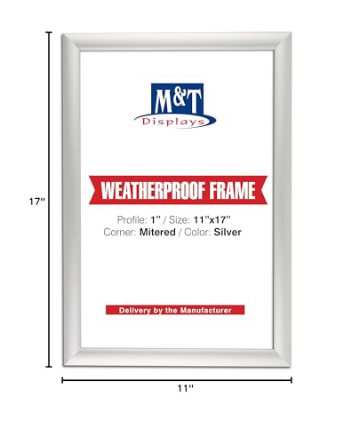 M&T Displays Weatherproof Snap Poster Frame 11x17 Inch Silver 1" Aluminum Profile Front Loading Wall Mounting Picture Photo Document Certificate Sign Holder Mitered Corner Anti Glare Cover