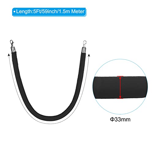 PATIKIL 5 Feet Black Velvet Stanchion Rope, Crowd Control Barrier Rope with Snap Hooks for Posts Stand Queue Divider of Hotel Theater, Silver - color: Black, size: 5 Feet