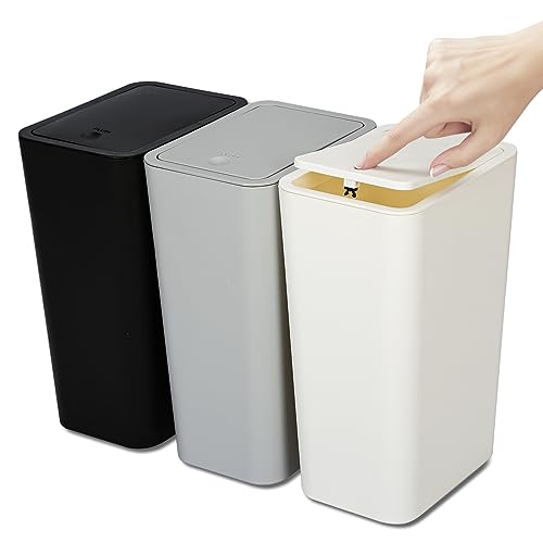 N. NETDOT 3 Pack 10L/2.6 Gal Bathroom Trash Can with Lid, Trash Bin with Press Lid, Small Trash Can/Slim Garbage Cans/Waste Basket for Bathroom,Kitchen,Office,Bedroom - Black,Gray,Off White - color: 2.6gal Black-Gray-Off White