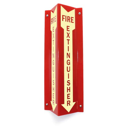 SmartSign "Fire Extinguisher" Two-Sided V-Shaped Projecting Sign with Down Arrow, 18 x 4 inch, 120 mil Thick Glow-In-The-Dark Polished Acrylic, Photoluminescent - color: #2. Glow-in-the-Dark Red Acrylic