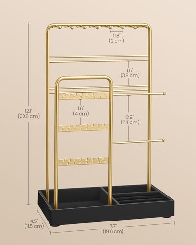 SONGMICS Jewelry Holder, Display Stand, Metal Frame, Velvet Tray - color: Pale Gold + Ink Black, size: 4.5"D x 7.7"W x 12.1"H