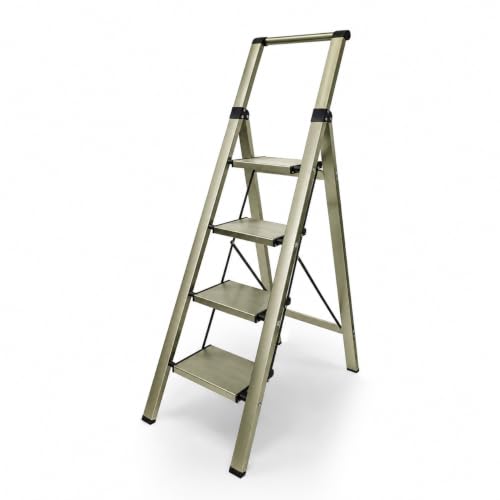 HISMOCAL 4 Step Ladder with Handrail, Lightweight Aluminum Step Stool, Gold - color: Golden, size: 4 Step-Handle