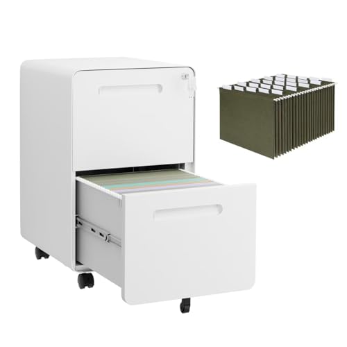 2 Drawer Mobile File Cabinet with Lock, 4 Keys and 25 Letter File Folders - color: White, size: 25.8"H*15.7"W-2 drawers(25 letter folders)