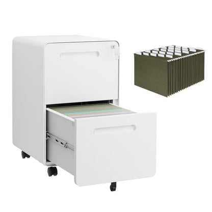 2 Drawer Mobile File Cabinet with Lock, 4 Keys and 25 Letter File Folders - color: White, size: 25.8"H*15.7"W-2 drawers(25 letter folders)