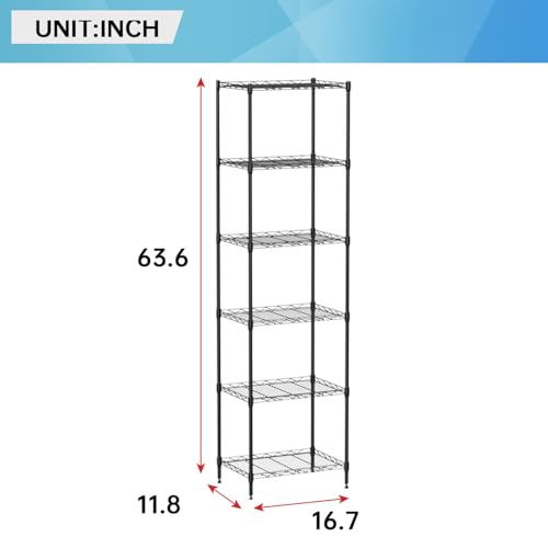 FDW | 6-Tier Wire Shelf | 17" x 12" x 64" | Black - color: Black, size: 6-Shelf Small No Wheels