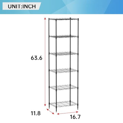 FDW | 6-Tier Wire Shelf | 17" x 12" x 64" | Black - color: Black, size: 6-Shelf Small No Wheels