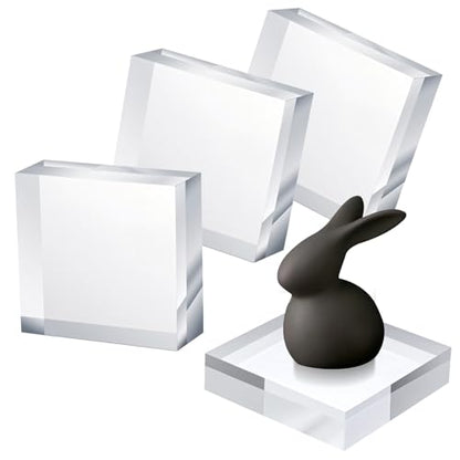 4 Pcs Acrylic Display Block, 4 x 4 x 1 Inch Clear Polished Square Cube Riser Pedestal Stand for Jewelry Rings Cake Perfume Ornaments Collection