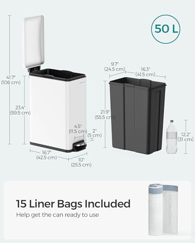 SONGMICS Kitchen Trash Can with Lid, 13-Gallon (50 L) Slim, Stainless Steel - color: White, style: 13 Gal.
