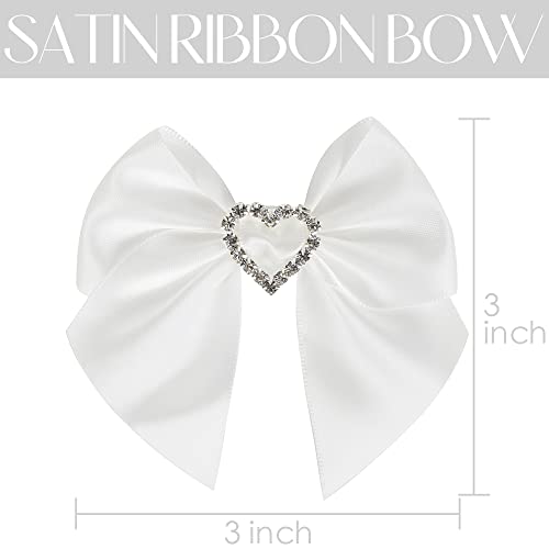 AIMUDI White Bows Satin Ribbon Rhinestone Bows 3" Premade Sparkle Bows with Gems Pre-Tied Craft Bows with Rhinestone Gift Bows for Wedding Sewing Crafts Gift Wrapping Baby Shower - 12 Counts - color: White