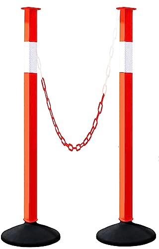 Traffic Delineator Post with Weighted Base & Reflective Collars, Adjustable Parking Cones with 4 FT Chains, Portable Orange Driveway Barrier Pole for Traffic Crowd Control（Patented） - size: 2 Pack-Orange