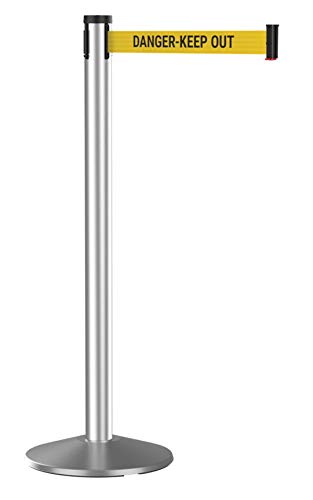 Premium Retractable Belt Barrier Satin Stainless Steel Crowd Control Stanchion, 10' 'Danger Keep Out' Belt - color: Satin Post w/ Danger Keep Out Belt, size: 10' Belt