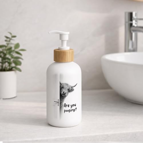 Highland Cow Bathroom Soap Dispenser, are You Pooping Glass Hand Soap Dispenser with Pump, Funny Cow Refillable Handsoap Liquid Bottle for Bathroom Washroom Restroom Countertop - color: Pooping Cow