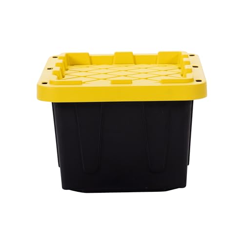 Plastic 5-Gallon Storage Tote with Lockable Lid, Stackable Tough Regular-Duty Bin for Garage, Tools, and Home Organization (4-Pack) - Black and Yellow - size: 5-Gallon (4-Pack)