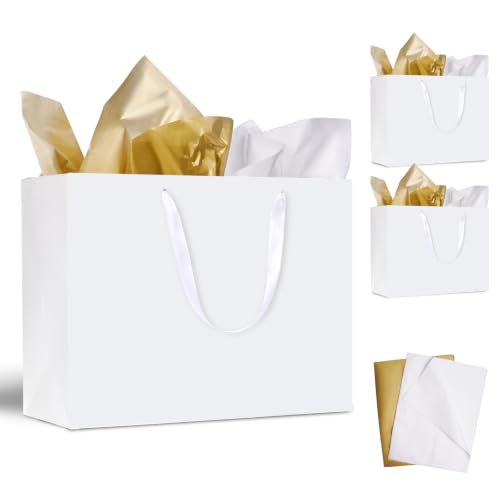 Plauthus 15.7" White Gift Bags, 3 Pack, Tissue Paper, Ribbon Handle - color: white-XL-3pcs