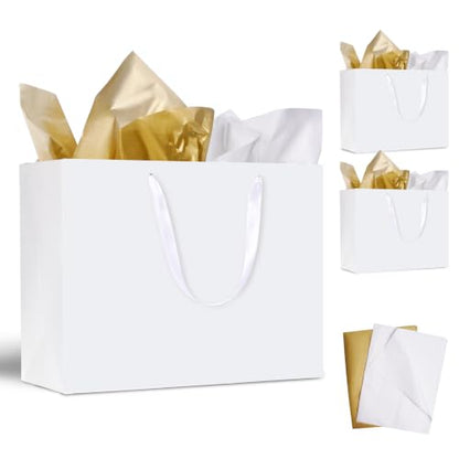 Plauthus 15.7" White Gift Bags, 3 Pack, Tissue Paper, Ribbon Handle - color: white-XL-3pcs