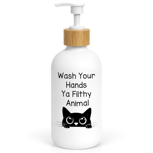 Black Cat Bathroom Soap Dispenser, Wash Your Hands Filthy Animal Glass Hand Soap Dispenser with Pump, Funny Cat Refillable Handsoap Liquid Bottle for Bathroom Washroom Restroom Countertop - color: Cat Quote