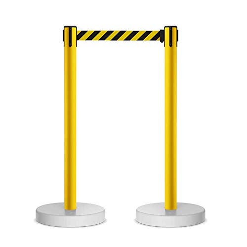 Crowd Control Warehouse - CCW Set of 2 Retractable Belt Barrier Stanchion, Water Fillable Base MSH630-11 Foot Belt, Magenta and Yellow Diagonal with Black PVC Plastic Post - color: Magenta and Yellow Diagonal, size: Black Post