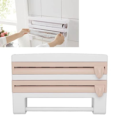 AUNMAS Plastic Wrap Dispenser Wall Mounted Paper Towel Holder with Side Button Inside Cutter No Drill Easy Installation Multifunctional Storage for Kitchen Cling Film Aluminum Foil Garbage Bags